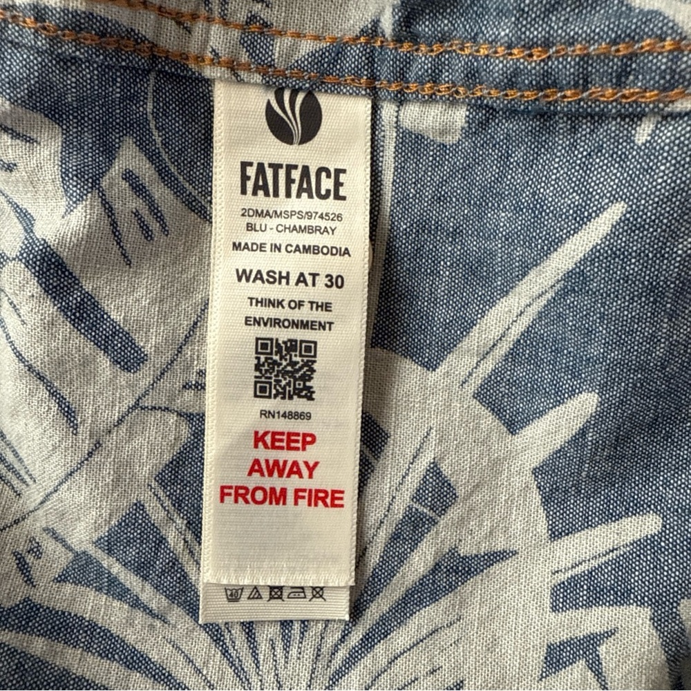 Fat Face Blue Tropical Leaf Print Button Shirt 100% Cotton, Men’s XL - Picture 5 of 9